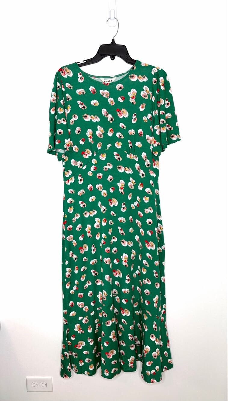 Boden Felicity Botanical Green Jersey Floral Tea Midi Dress Sz 12R NWT